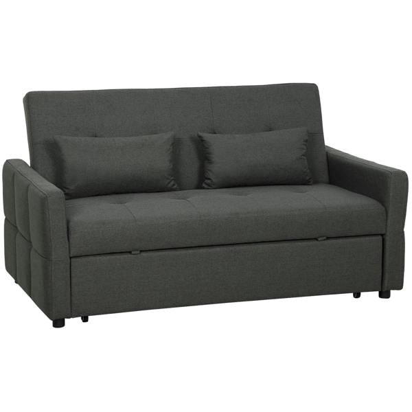 Charcoal grey two-seater sofa bed with padded arms and back cushions