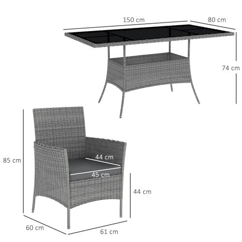 Wyld Haus Lona Rattan Charcoal Grey 6 Seater Outdoor Dining Set With Cushioned Armchairs And Rectangular Glass Table