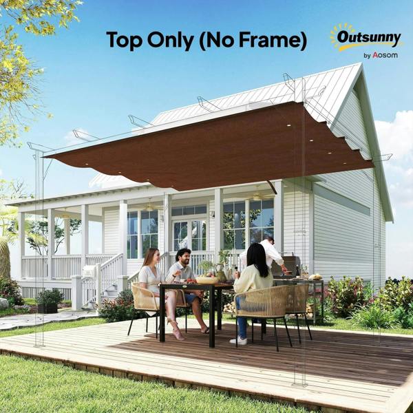 Outsunny brown retractable pergola roof shade top, mounted over outdoor seating area