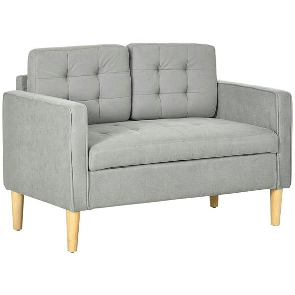 Light grey tufted 2-seat sofa with curved arms and wooden legs