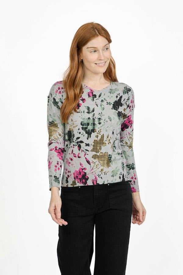 Mudflower Floral Print V-Neck Lightweight Knit Jumper