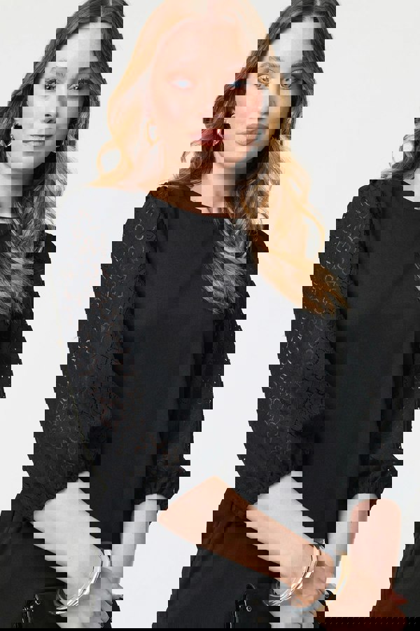 Black | Floral Lace 3/4 Puff Sleeve Blouse
