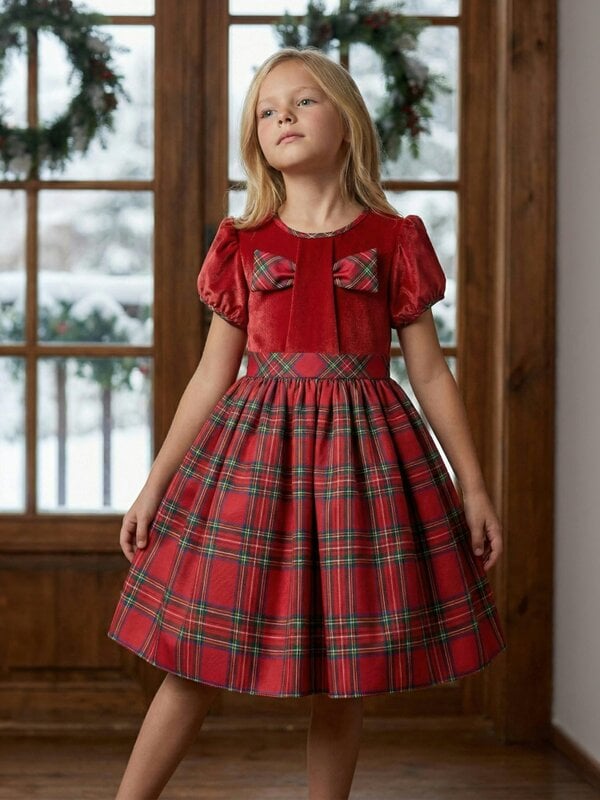 DRESS & Fleur Girls Tartan Dress in Red
