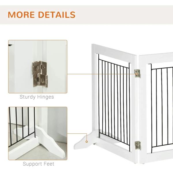 White pet gate hinge and support feet detail with black vertical bars