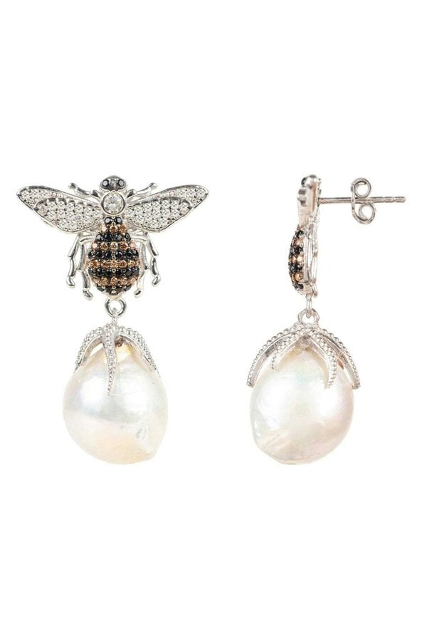 Latelita Baroque Pearl Honey Bee Drop Earrings Silver