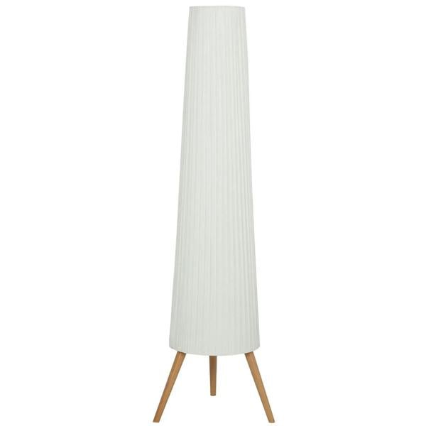 Three-level tripod floor lamp with tall white fabric shade and wooden tripod legs