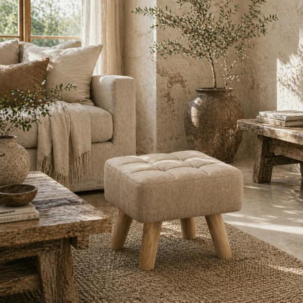 Wyld Haus Luluva Linen Look Brown Square Padded Footstool Diamond Tufted