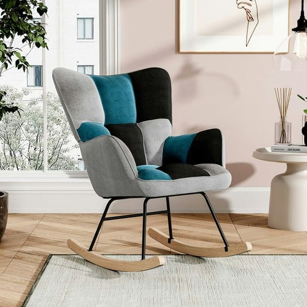 3ft Patchwork Upholstered Rocking Chair with Wooden Skates Rocking Chairs Living and Home Grey&Blue&Black