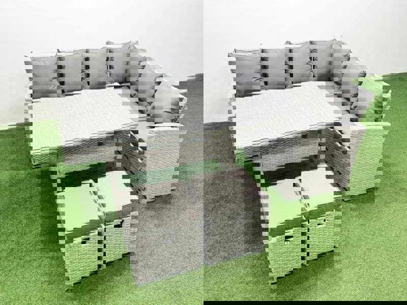 Fimous Rattan Garden Furniture Set Outdoor 8 Seater Patio Dining Corner Sofa Sets with Dining Table 2 Small Footstools Light Grey Mixed