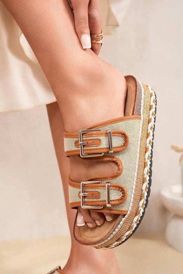 Nora Double Buckle Platform Espadrille Sliders - Camel