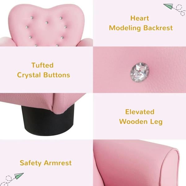Pink kids armchair with crystal button tufting and raised wooden legs