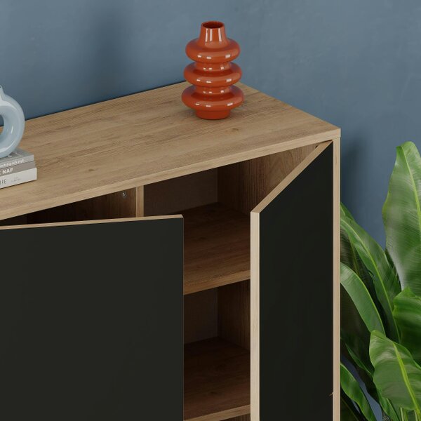 Decortie Modern Spark Cabinet 4-Doors Storage Engineered Wood Display Unit with Black Metal Legs 90(W)cm Oak