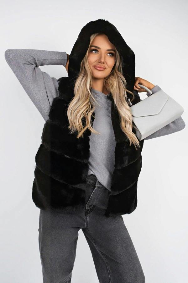 Alessina Hooded Sleeveless Faux Fur Gilet - Black