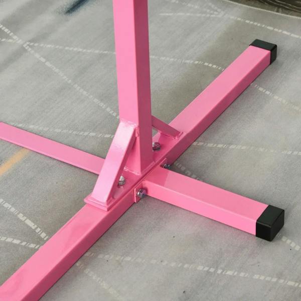 Pink horizontal bar base with black rubber feet and metal support frame