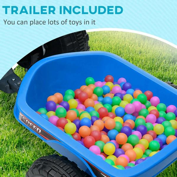 Blue ride-on quad trailer filled with colorful plastic balls on grass