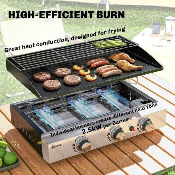 Bobobiy 3 Burner Grill Griddle, Portable Gas Plancha with Warming Rack, 7.5 kW, Tabletop Gas BBQ with Grease Cup, Black
