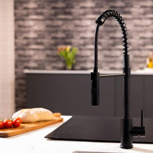 Flode Fjädra | Pull Out Kitchen Sink Mixer Tap | Spring Style Mixer Tap | Matt Black | Square Head