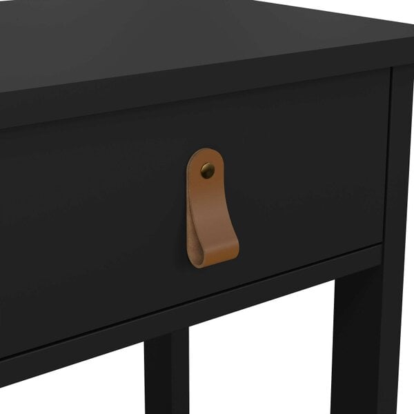 Wyld Haus Wildberry Matt Black Wooden Bedside Table with 1 Drawer Bottom Shelf Leather Handles