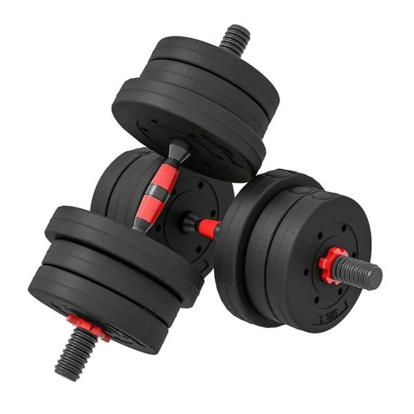 Black adjustable dumbbells with stacked weight plates and red adjustment accents