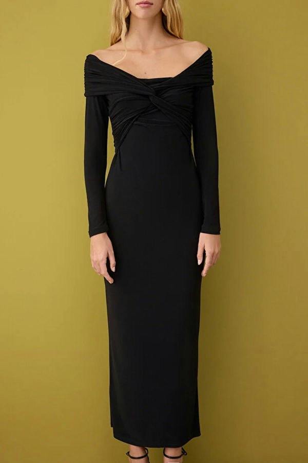 WOVCOR Collar Detail Knitted Midi Unlined Evening Dress