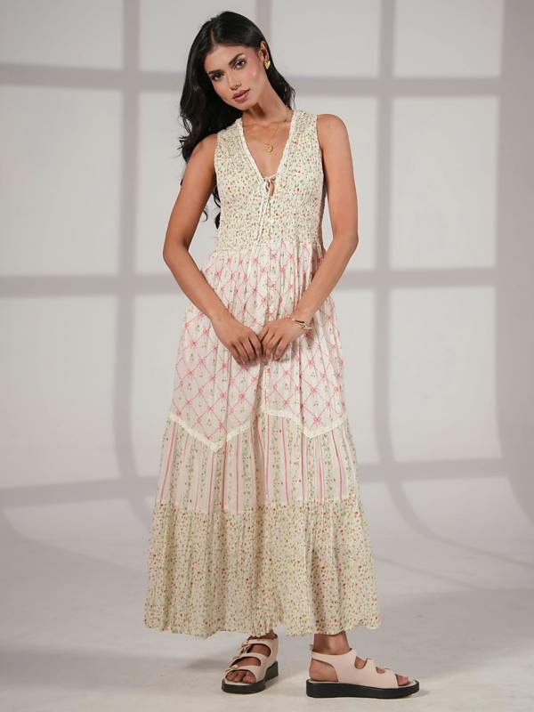Rose & Nancy Iris Strawberry Print Mix Cotton Crinkle Maxi Dress