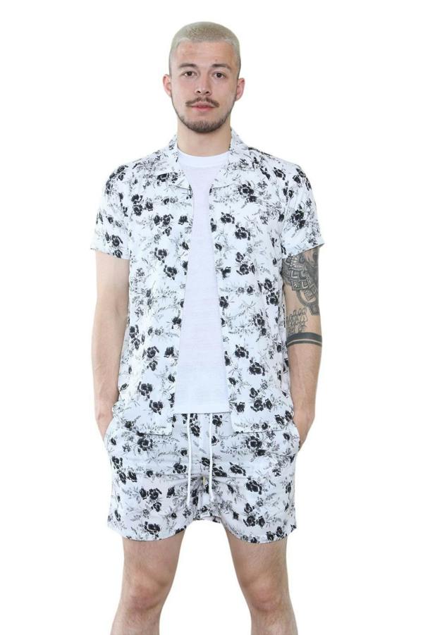 Men's Black and White Floral Co-Ord Set - Shirt and Shorts