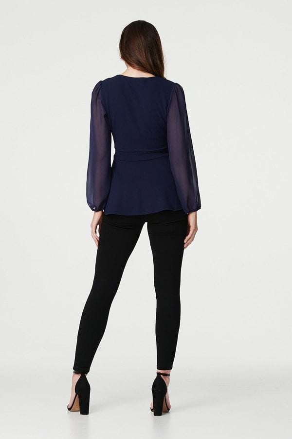 Navy | Sheer Sleeve Wrap Front Blouse