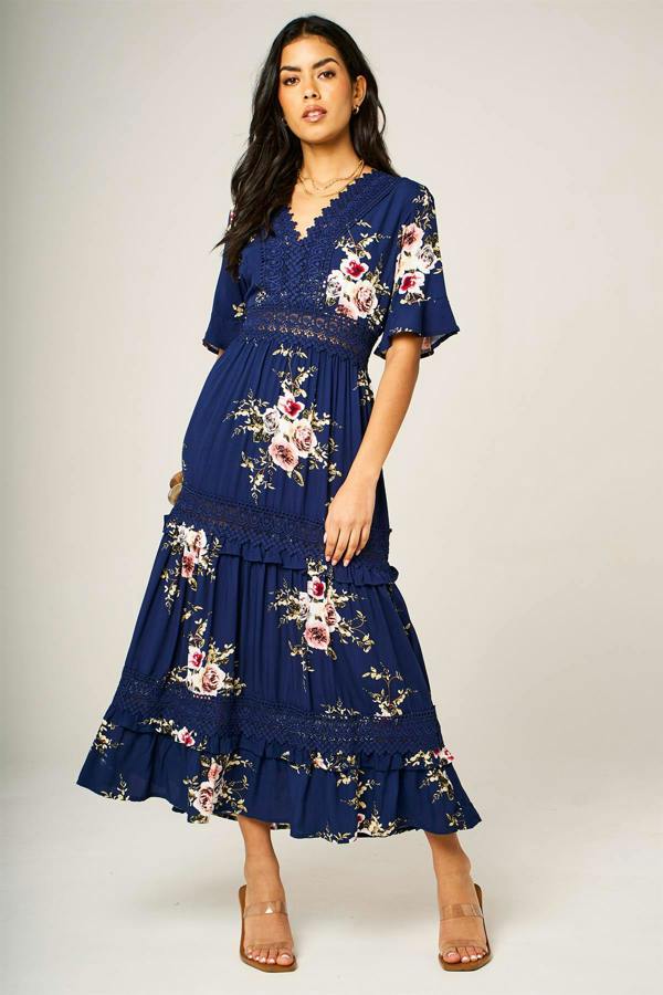 FS Collection Floral Print V Neck Lace Detail Midi Dress In Navy