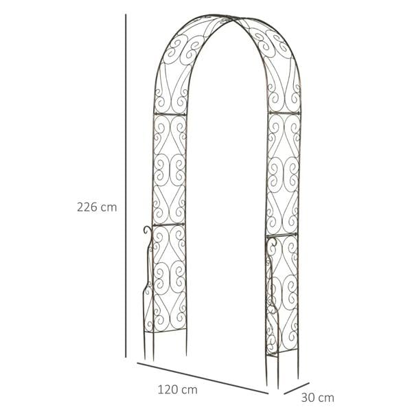 Black metal garden arch trellis with ornate vine scrollwork and two side legs