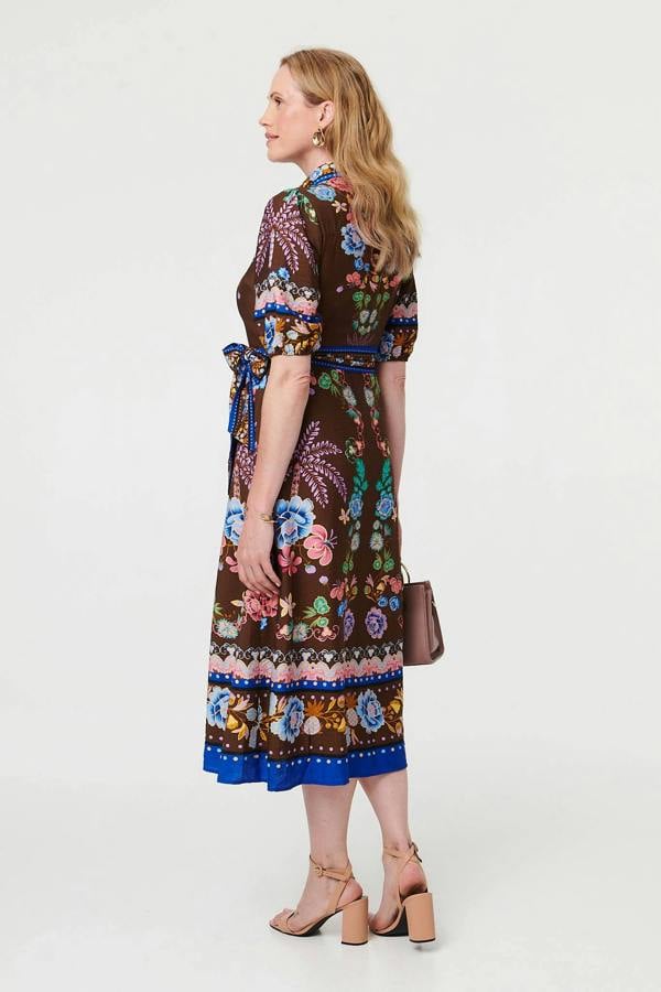 Brown | Floral 1/2 Puff Sleeve Shirt Midi Dress