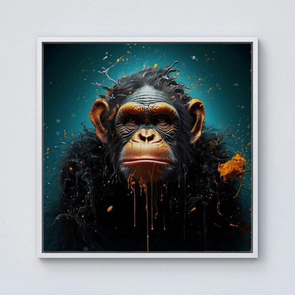 Warren Reed Monkey Face Splash Art Blue Framed Canvas