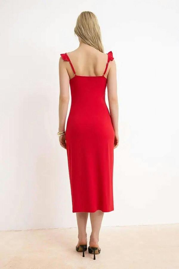 WOVCOR Bodycon V-Neck Thick Strap Sleeveless Maxi Stretch Knit Dress