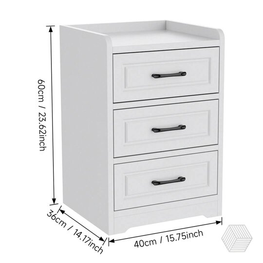 Havendro 3 Drawer Bedside Cabinet, White Chest Table, Solid Wood Bedroom Furniture