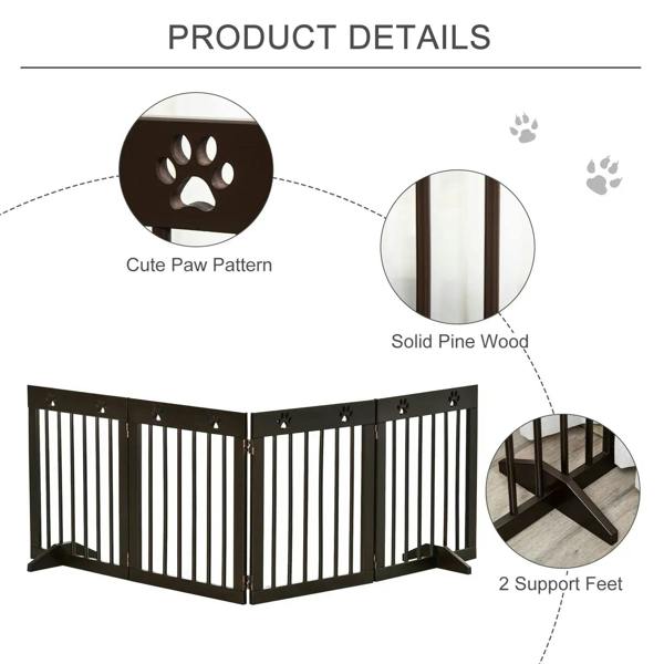 Brown wooden pet gate with paw pattern top bar, solid pine wood, and support feet