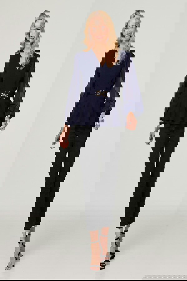 Navy | Sheer Sleeve Wrap Front Blouse