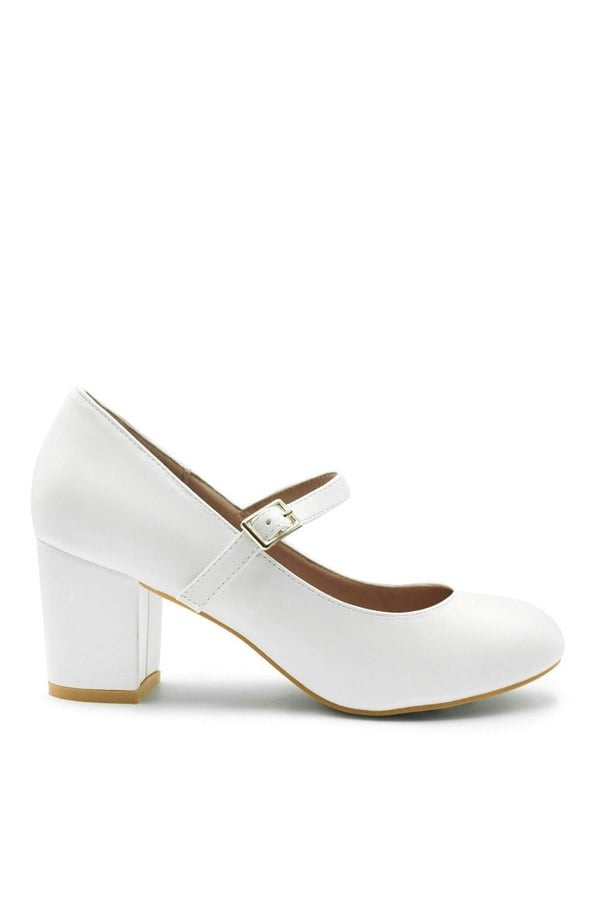 Where's That From Araceli Extra Wide Fit Block Heel Mary Jane Pumps in White Faux Leather