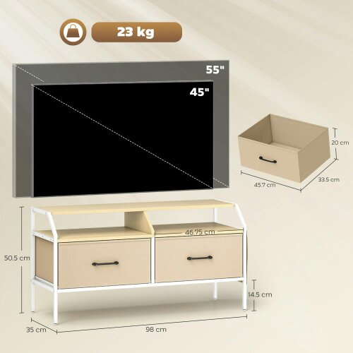 Wyld Haus Avamira Small 98cm Natural and White TV Stand With Foldable Drawers for TV's up to 55 Inches