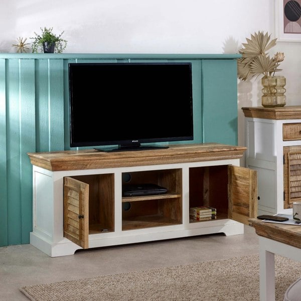 IH Design Milano Solid Mango Wood TV Cabinet White