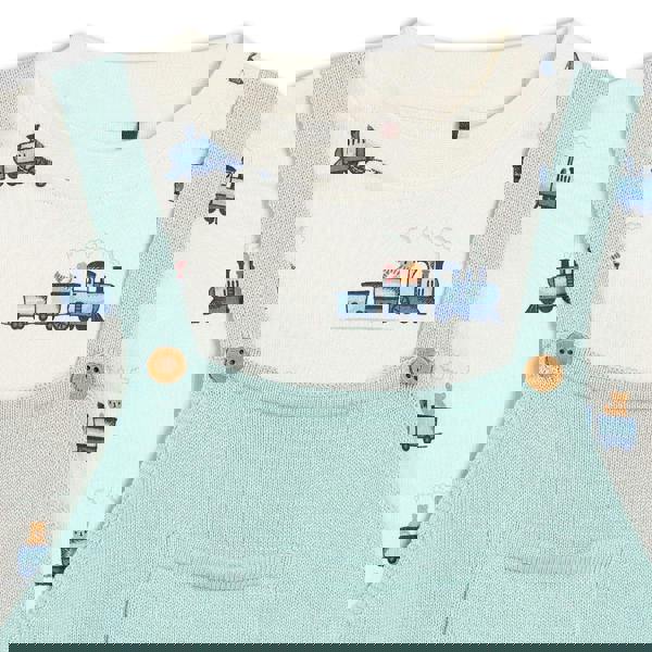 Baby Boys Knitted Dungaree 2pc Set, Turquoise Blue - Minicuddles