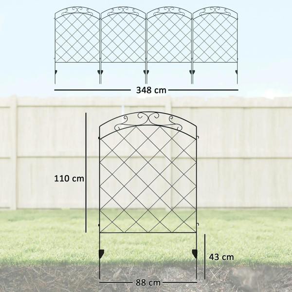 Black steel fence panel set with arched swirls and diamond grid mesh, front view