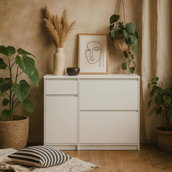 Wyld Haus Budapest White Wooden Shoe Cabinet 3 Doors 1 Drawer