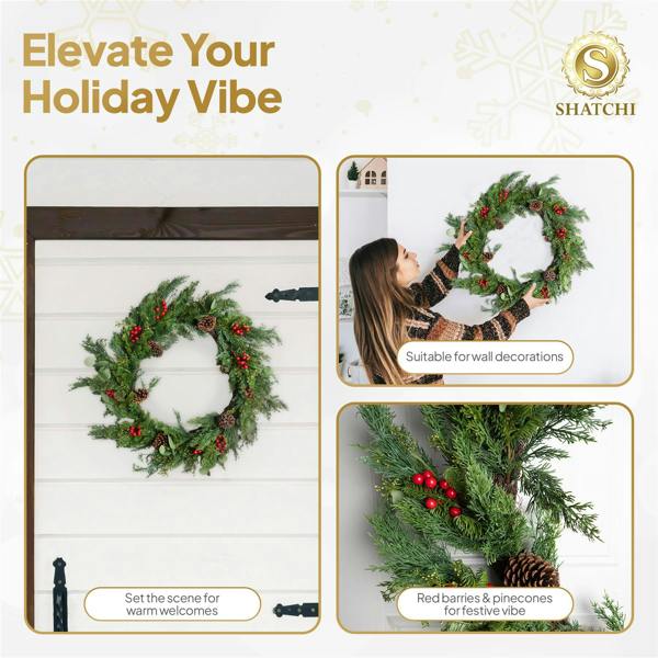 90cm Artificial Cedar Christmas Wreath with Red Berries and Pinecones, Green Seasonal Door Decor image 7