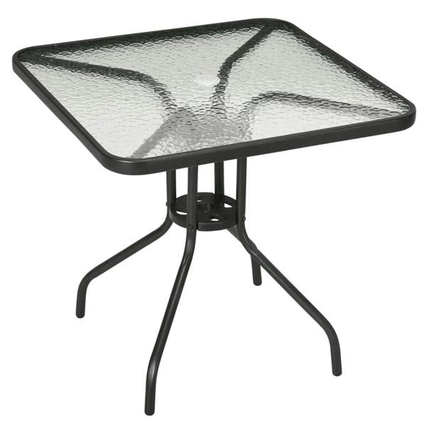 Black square outdoor dining table with tempered glass top and umbrella hole
