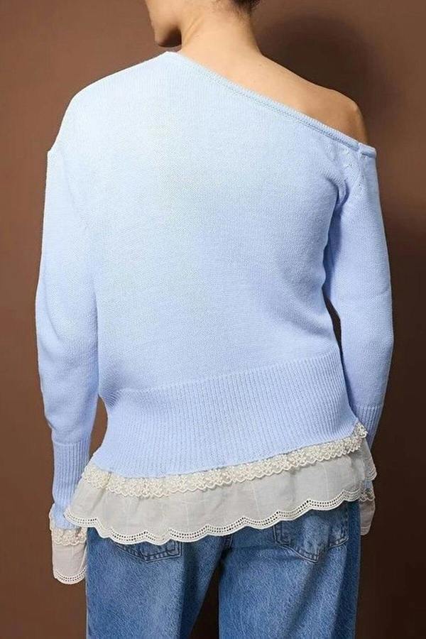 WOVCOR Lace Trimmed Boat Neck Knit Sweater