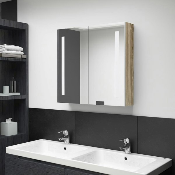 Berkfield LED Bathroom Mirror Cabinet White and Oak 62x14x60 cm