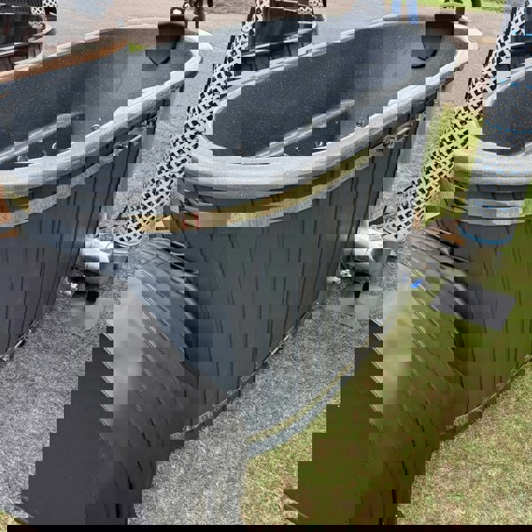 Layzee Living ofuro wood-fired tub with steps in grey