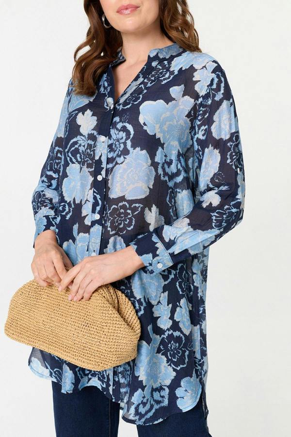 Navy | Floral Longline Long Sleeve Shirt
