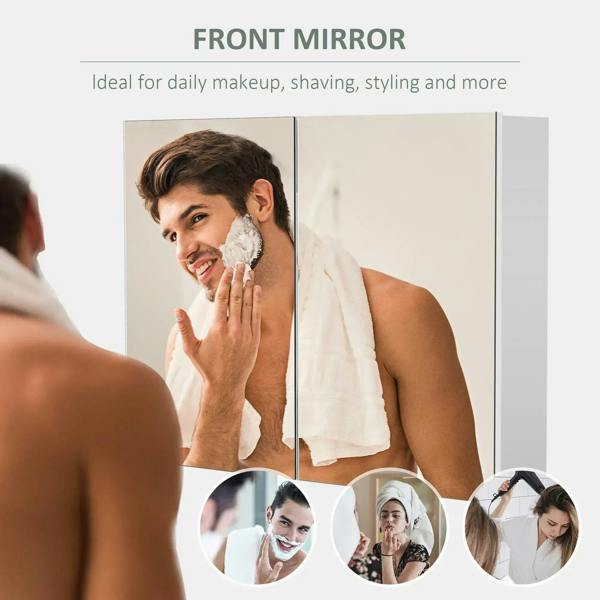 White double-door bathroom mirror cabinet with front mirror for shaving and makeup