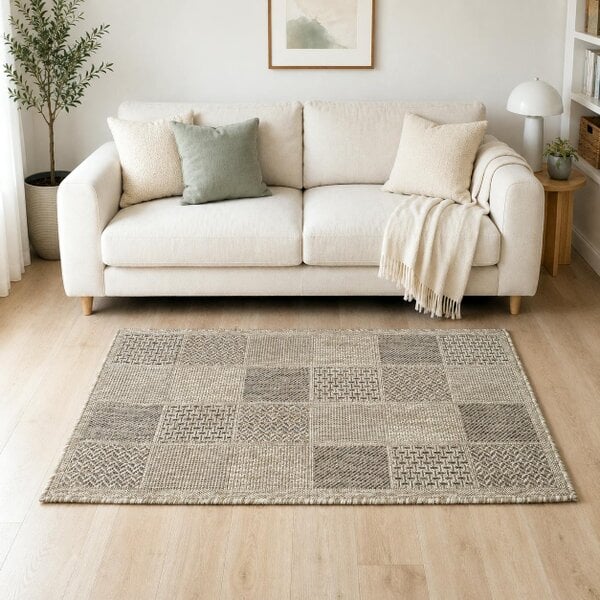 Viva Rugs Beige Brown Check Runner Rug Non-Slip Flat Weave Kitchen Hallway Carpet