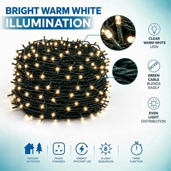 8m 100 LED Warm White Fairy String Lights Mains Powered, 8 Modes, Memory Function, Auto Timer, Indoor/Outdoor Green Cable image 3